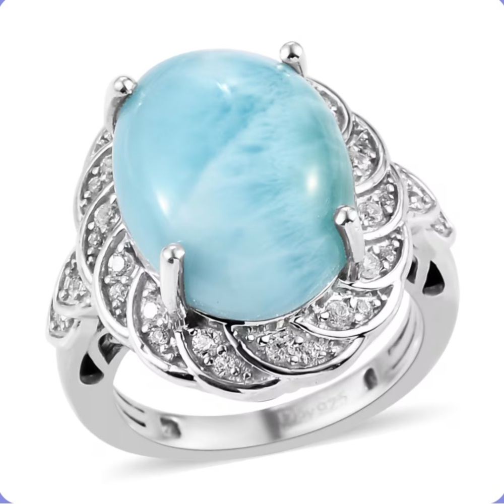 Platinum Plated Sterling Larimar and Zircon ring size 7